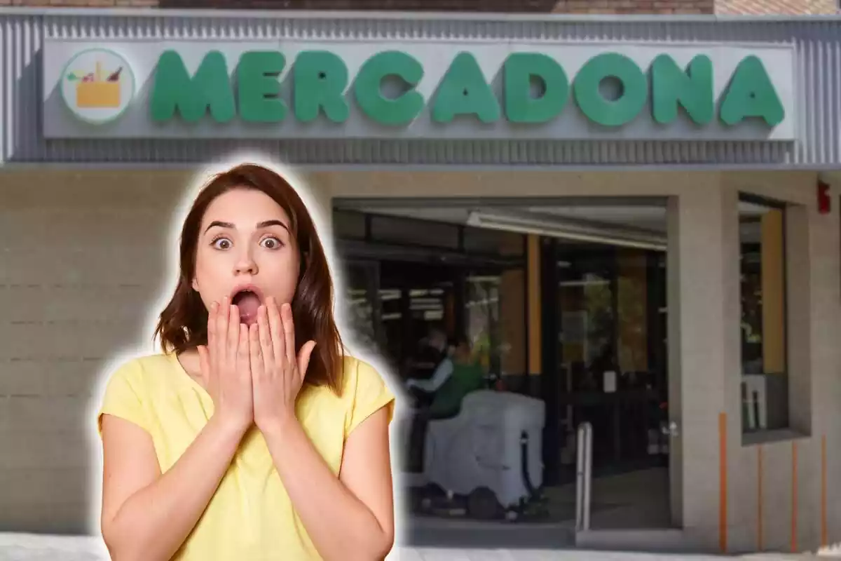 Muntatge fotogràfic entre una imatge d'un supermercat Mercadona i una dona amb cara de sorpresa