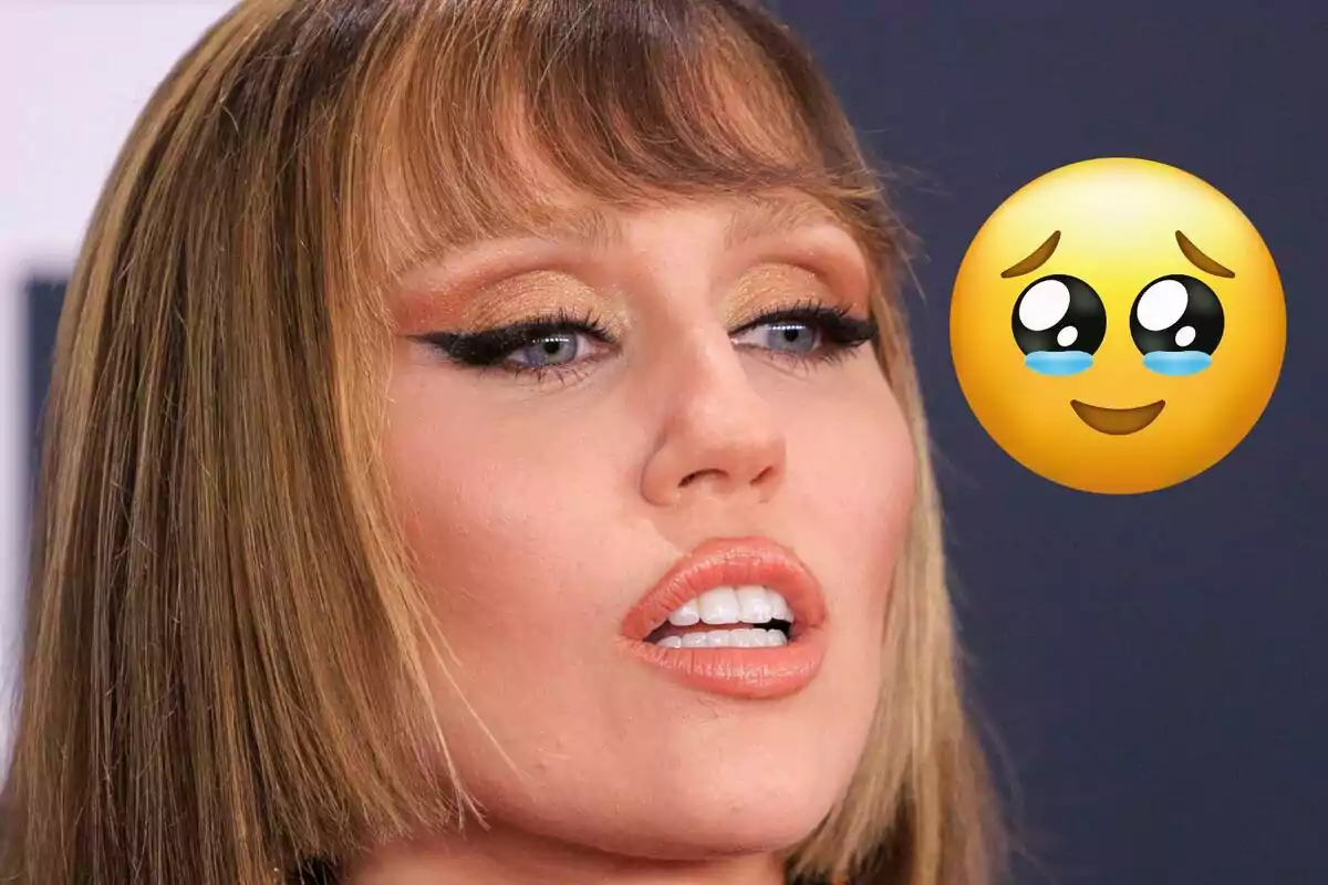 Close-up of a woman with bold makeup and a face emoji with sparkling eyes and small tears next to her
