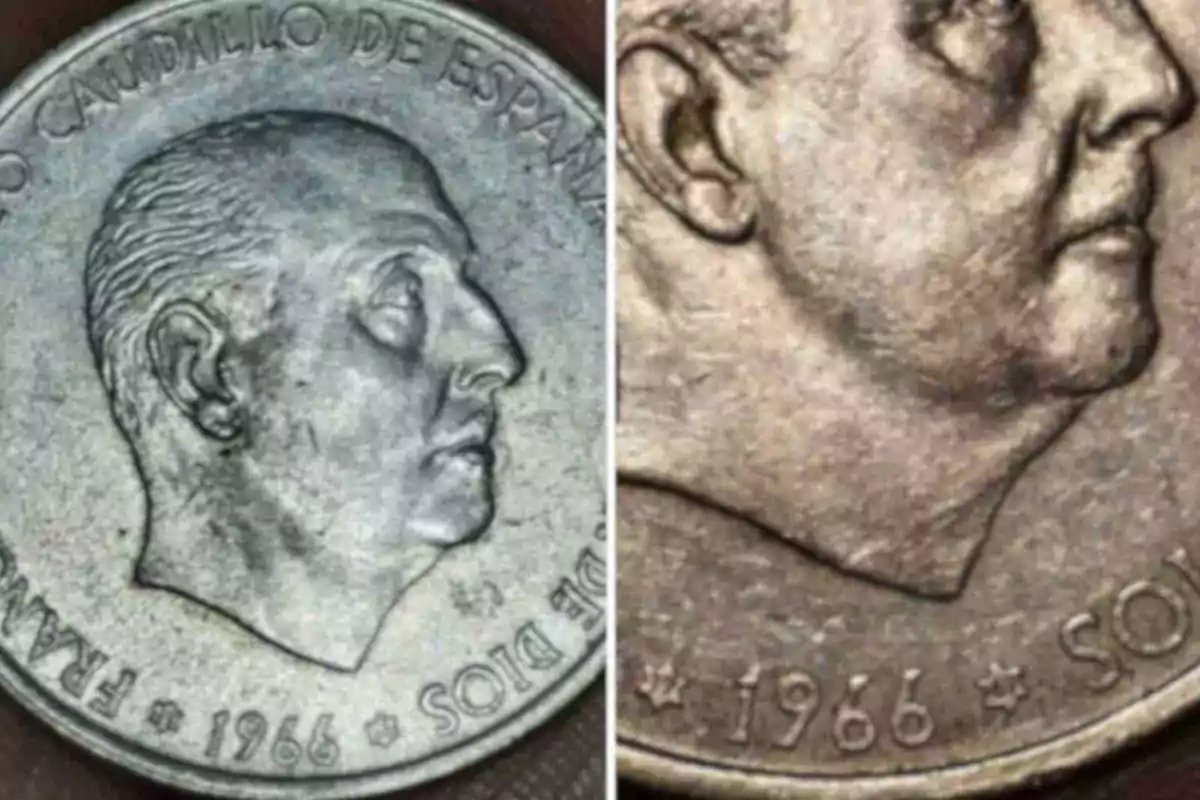 Moneda de 100 pessetes de 1966 amb perfil de Francisco Franco i text al voltant.