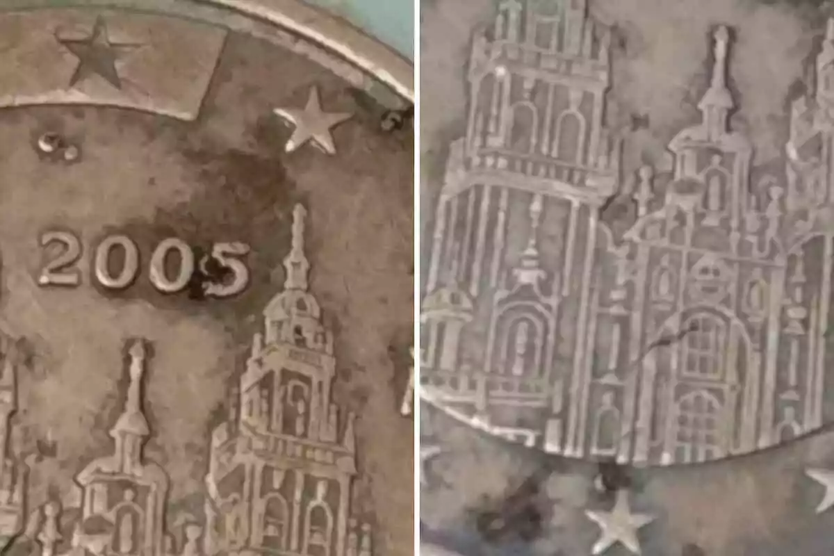 Primer pla d'una moneda de 5 cèntims de l'any 2005 amb un disseny arquitectònic detallat i estrelles al voltant.