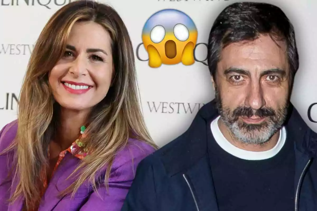 Nuria Roca i Juan del Val posant davant d'un fons amb logotips i un emoji de sorpresa entre ells.