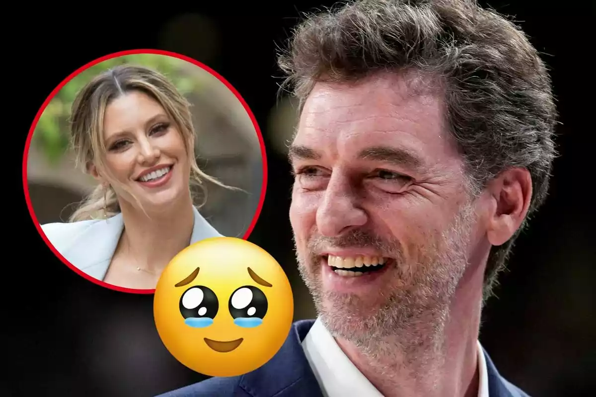 Smiling man in the foreground with a woman in a red circle in the background and a face emoji with sparkling eyes and tears