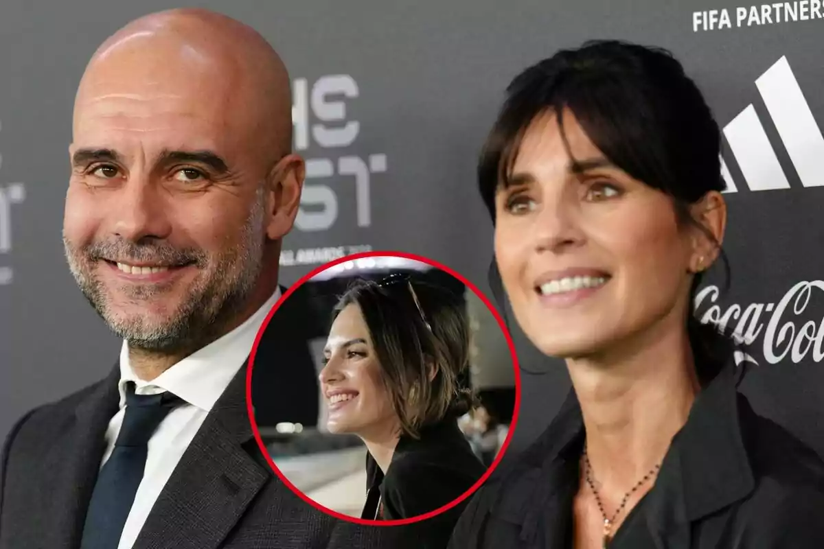 A bald man with a beard and a dark-haired woman smile at a formal event, while in an overlapping circle a young woman with short hair is also smiling.