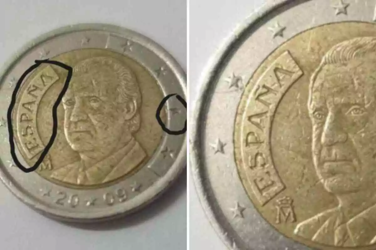 Dues imatges d'una moneda d'euro espanyola amb un retrat i la paraula “Espanya” gravada, una de les imatges té marques negres al voltant de certs detalls.