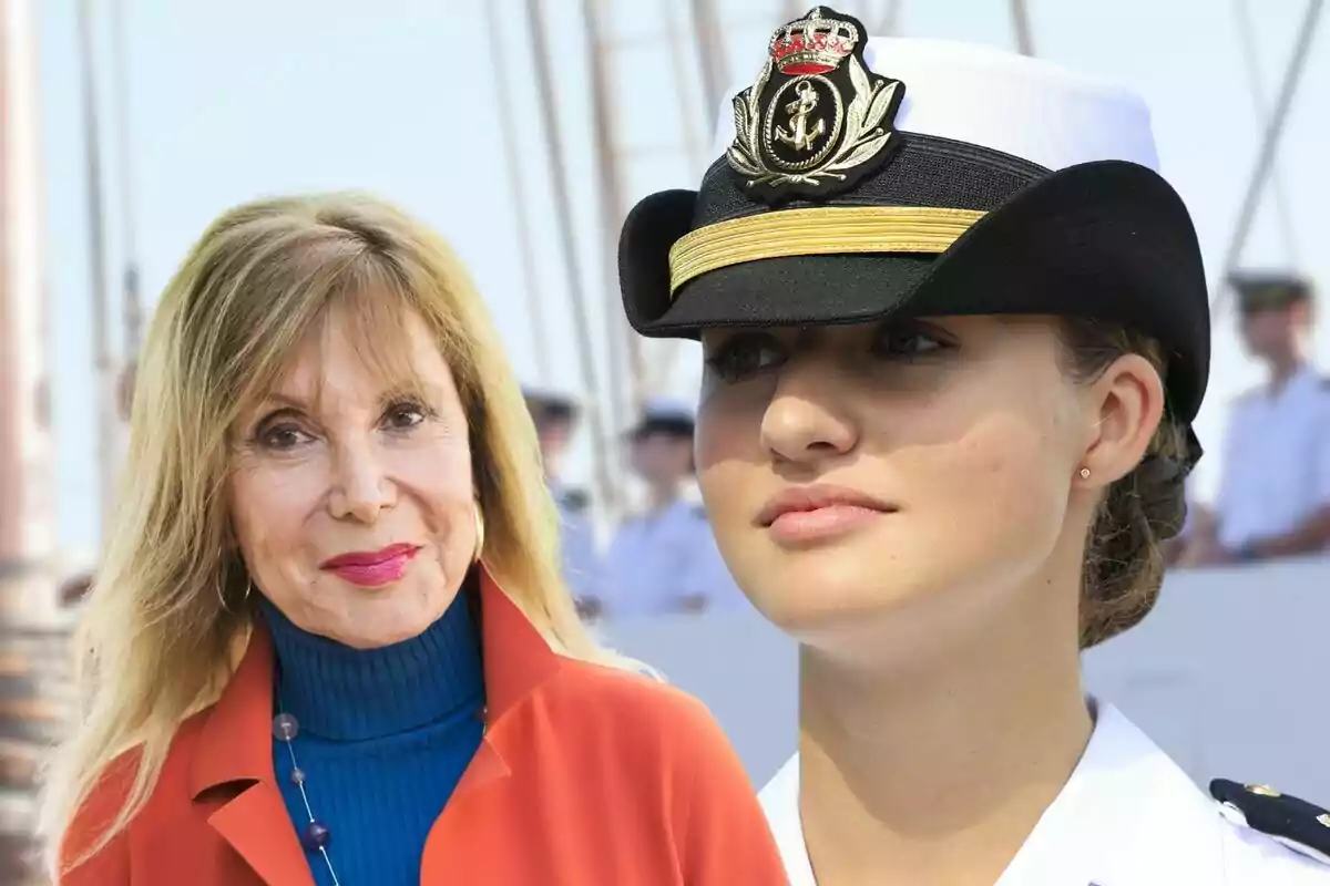 Dues dones, una amb uniforme naval i una altra amb jaqueta taronja, posen juntes en un entorn marítim. Dues dones, una amb uniforme naval i una altra amb jaqueta taronja, posen juntes en un entorn marítim.