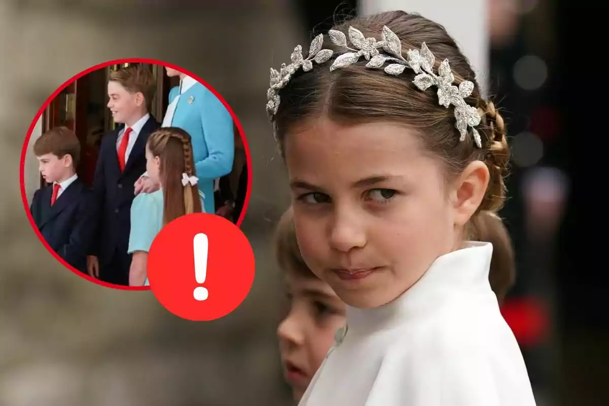 Girl with a silver headband looks to the side while in the background there is a red circle with the image of several children dressed formally and a white exclamation mark on a red background.