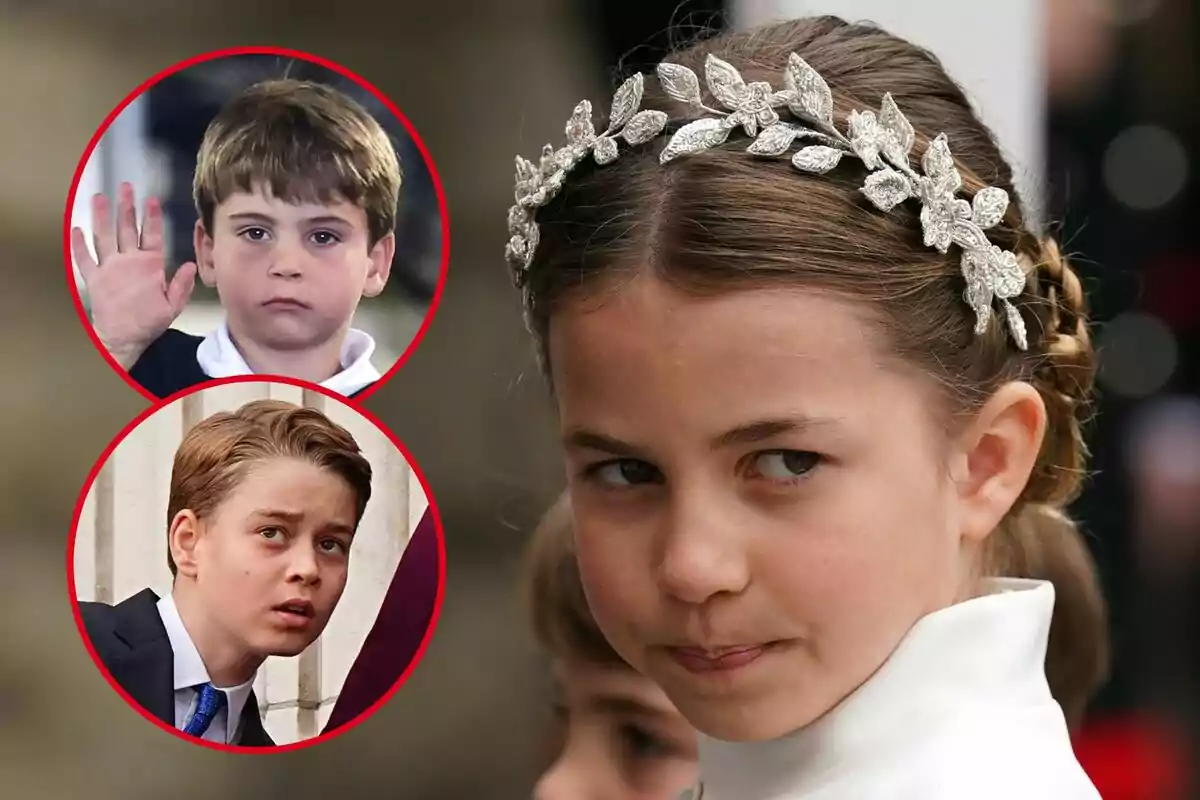 Girl with a silver headband in the foreground and two children in red circular frames in the background