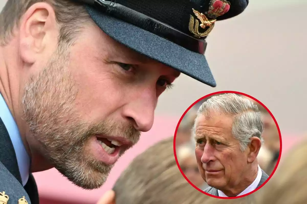 Man in a blue military uniform and cap in the foreground, with a red circle highlighting the face of an older gray-haired man in the background