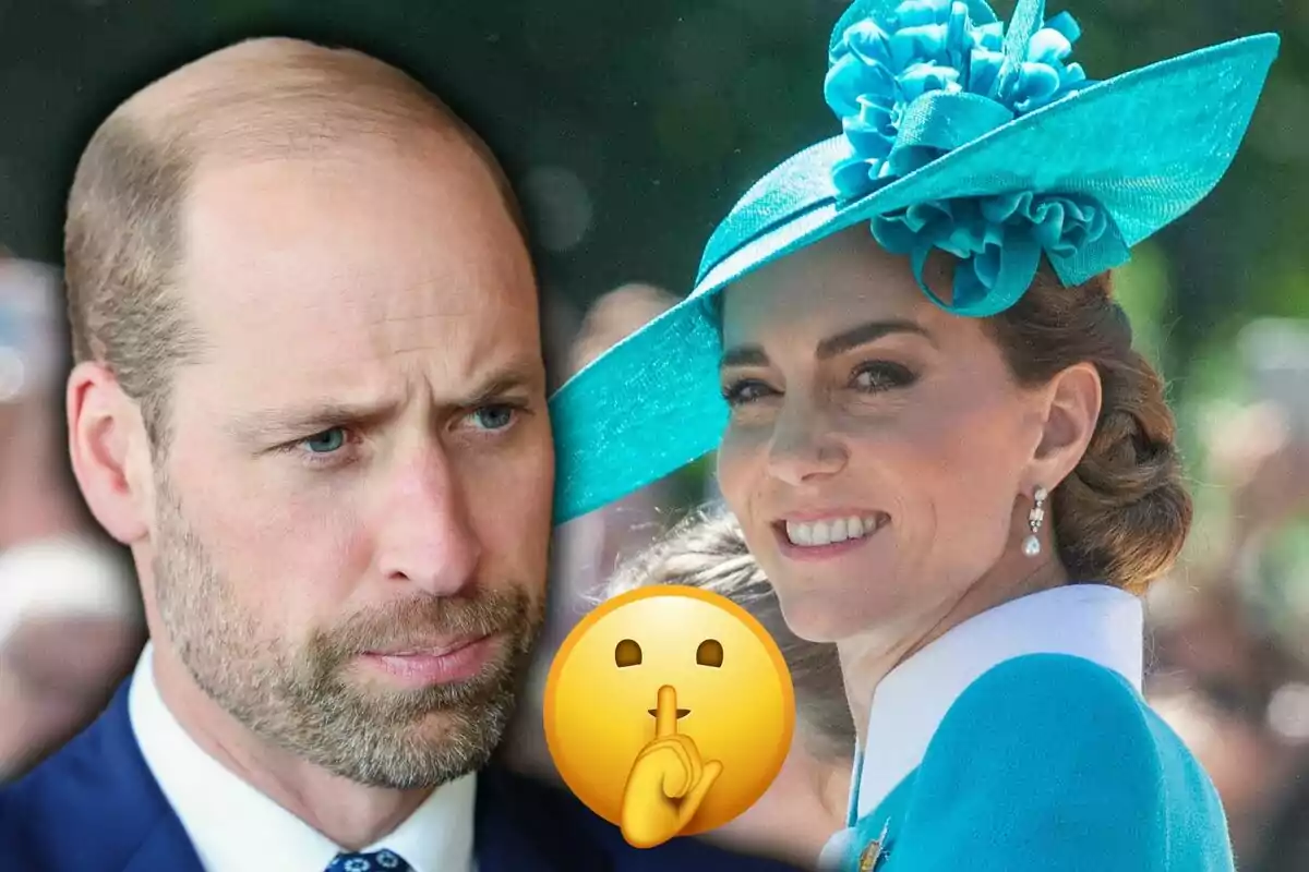 A man with a serious expression and a smiling woman wearing a blue hat, with a silence emoji in the center