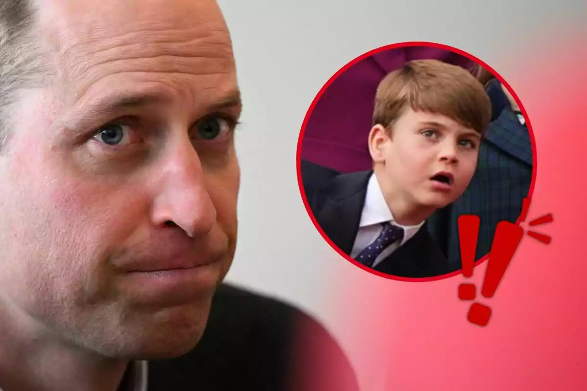 Un hombre con expresión seria y un niño sorprendido en un círculo rojo con signos de exclamación.