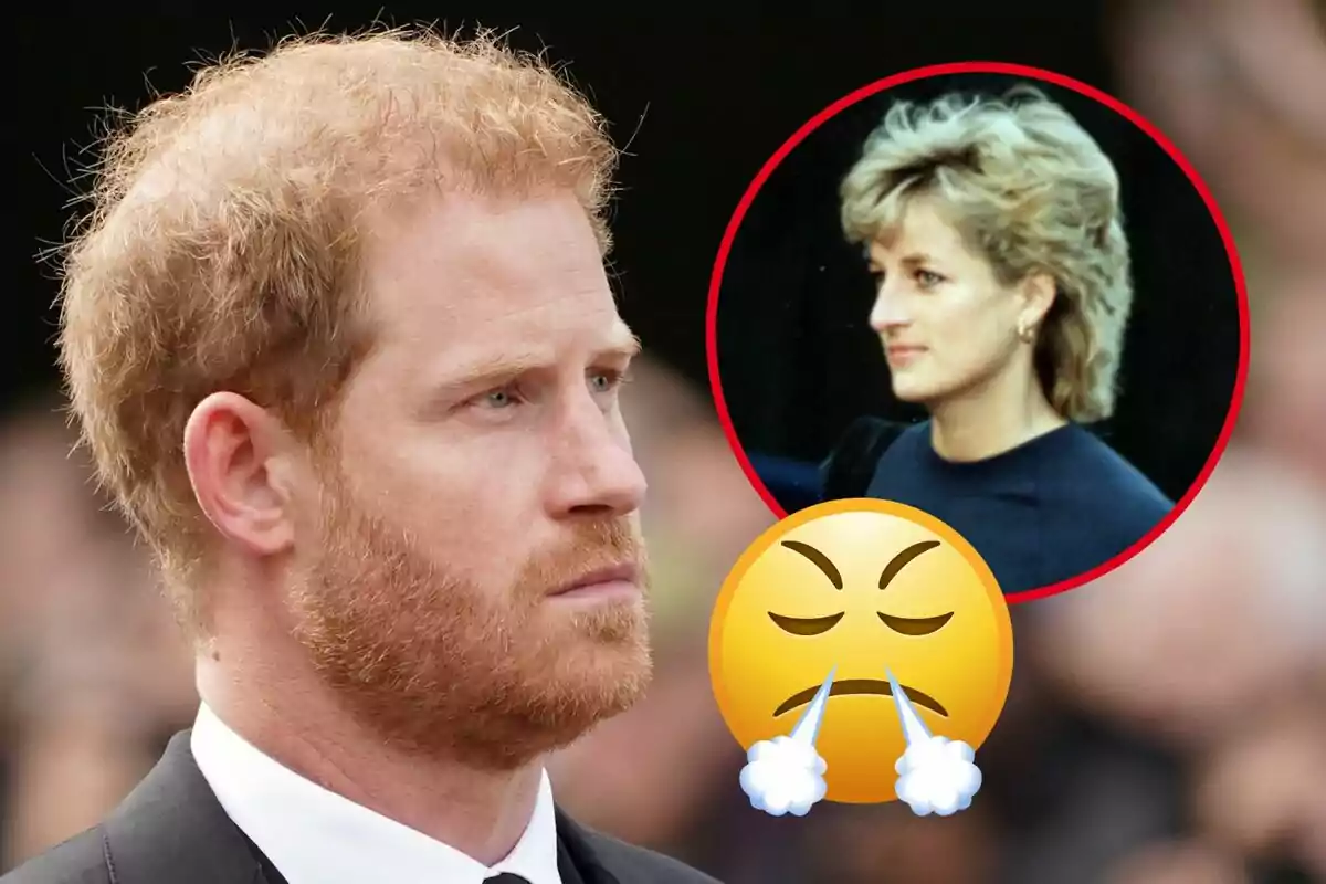 A red-haired man with a serious expression and an angry emoji with an image of a blonde woman in a red circle.