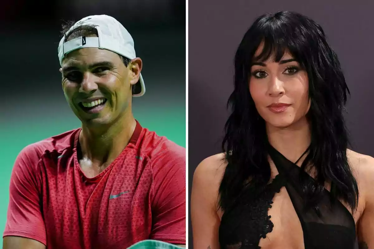 A man in a red T-jersey and a backwards white cap smiles next to a woman with black hair and a black dress posing in front of a dark background. A man in a red T-jersey and a backwards white cap smiles next to a woman with black hair and a black dress posing in front of a dark background.