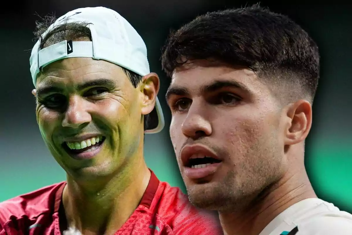 Two tennis players with different expressions, one smiling with a white cap and the other serious with a light jersey against a dark background