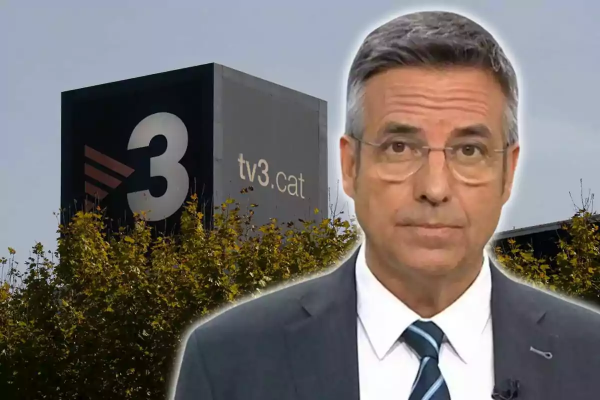 Fotomuntatge de Ramon Pellicer amb una imatge de les instal·lacions de TV3 de fons