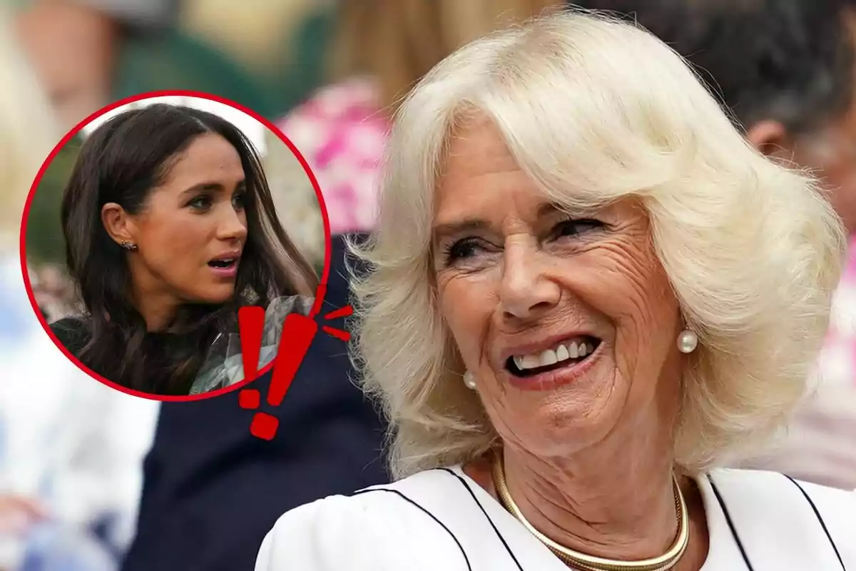 An older woman smiles while another woman with a surprised expression appears in a red circle.