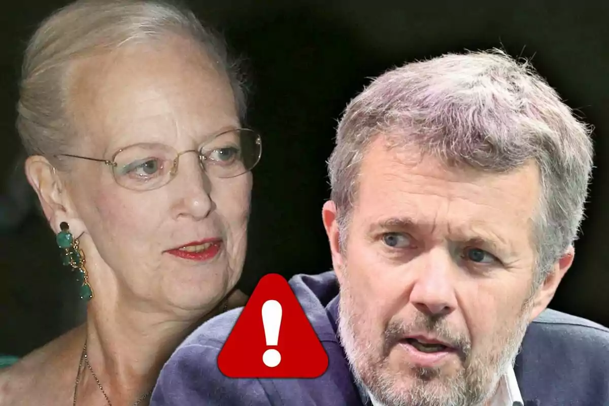 Two elderly people, a woman with glasses and green earrings and a man with a beard, with a warning symbol in the center.