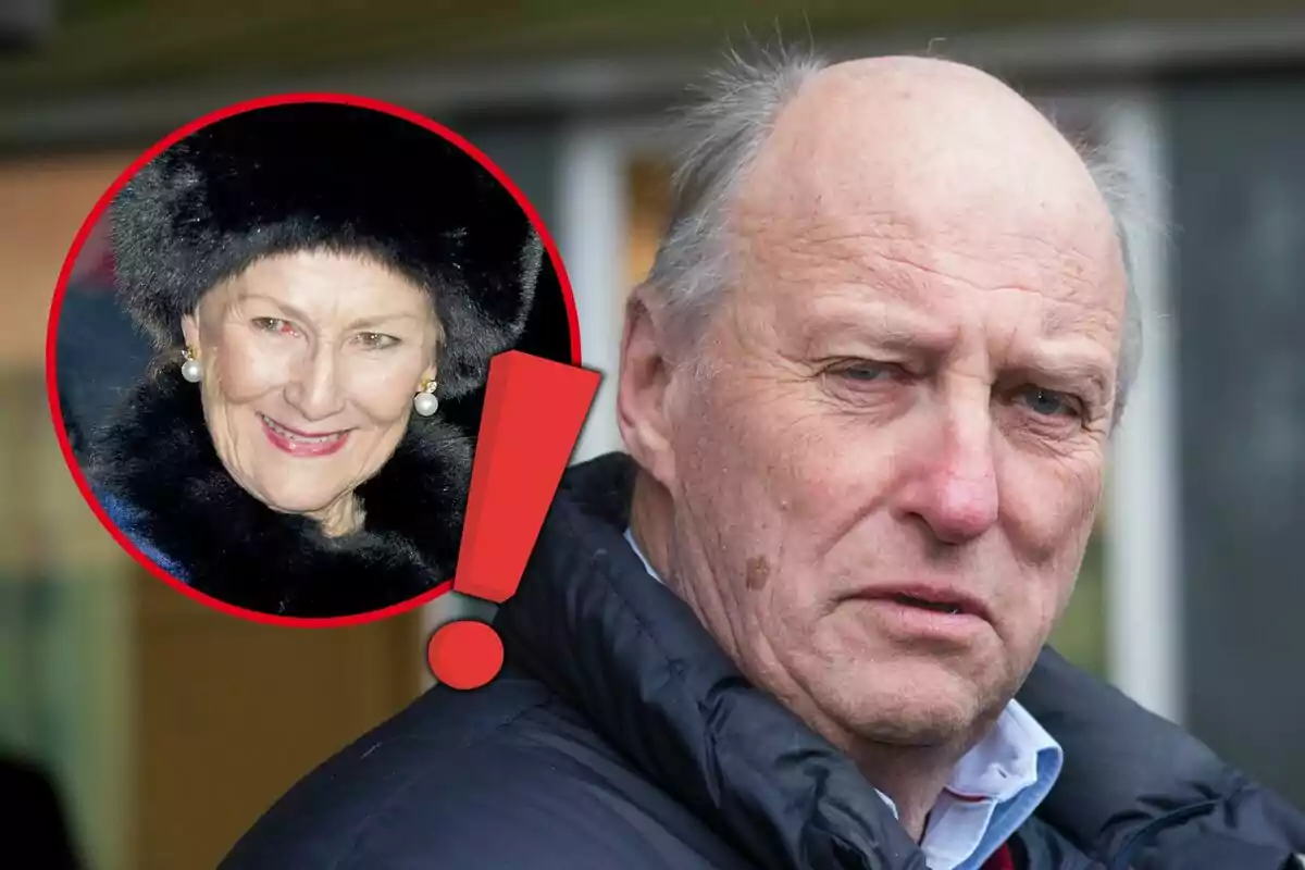 An older man with a serious expression and an inserted image of an older woman smiling inside a red circle with an exclamation mark.