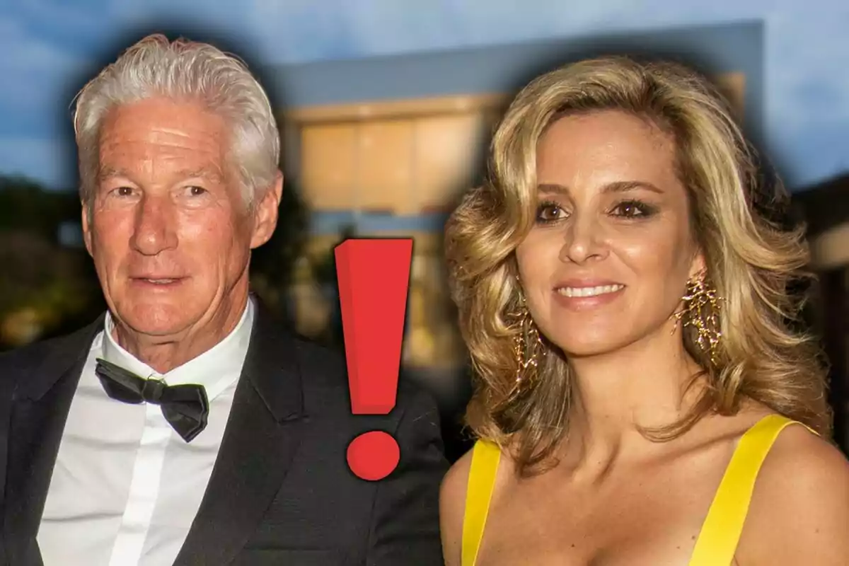 Gray-haired man in a tuxedo and blonde woman in a yellow dress pose together with a red exclamation mark between them and a blurred background.
