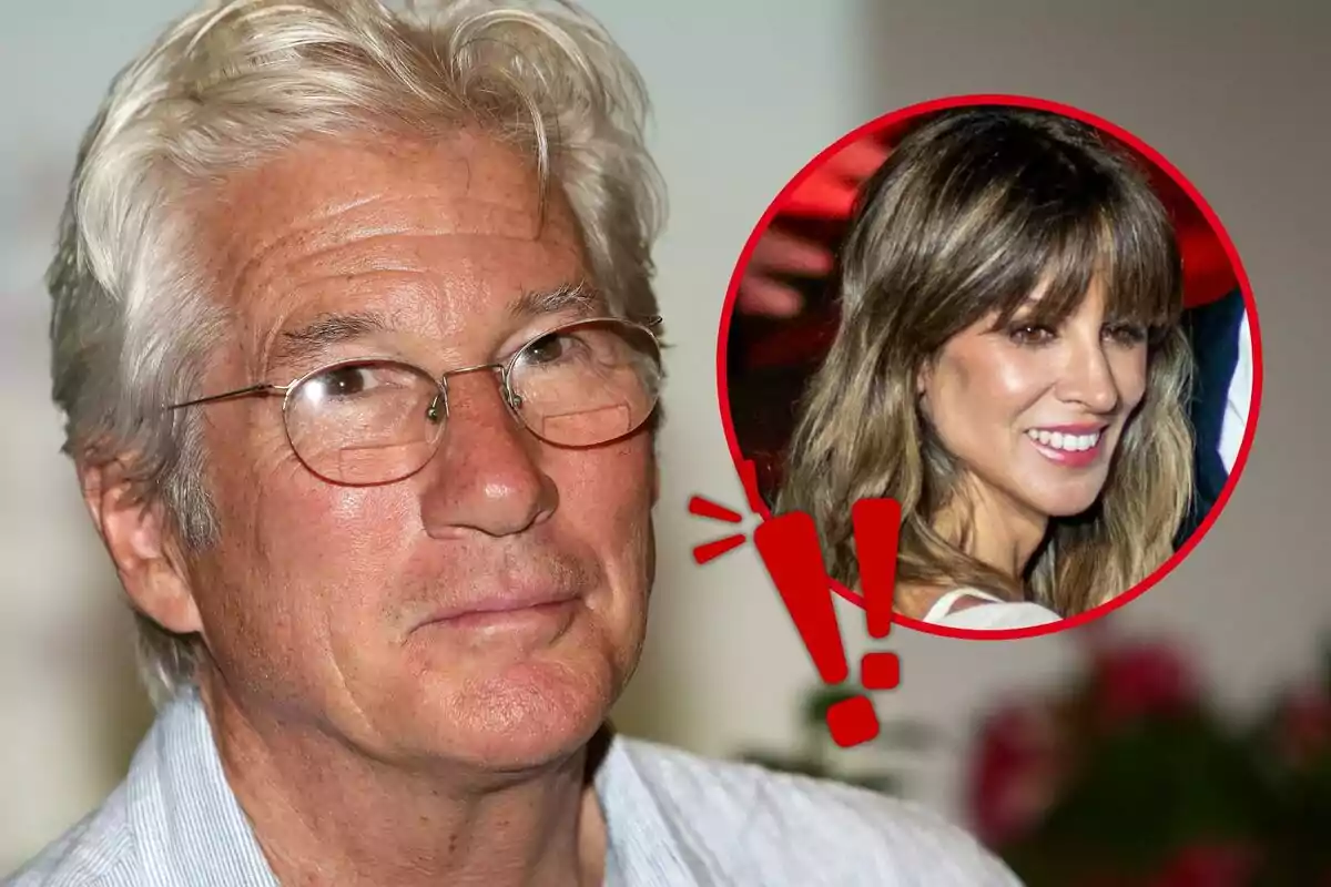 Gray-haired man with glasses in the foreground with a red circle showing a smiling woman and two red exclamation marks