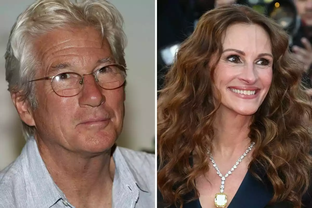A gray-haired man with glasses next to a woman with long, curly hair who is smiling and wearing a striking necklace A gray-haired man with glasses next to a woman with long, curly hair who is smiling and wearing a striking necklace