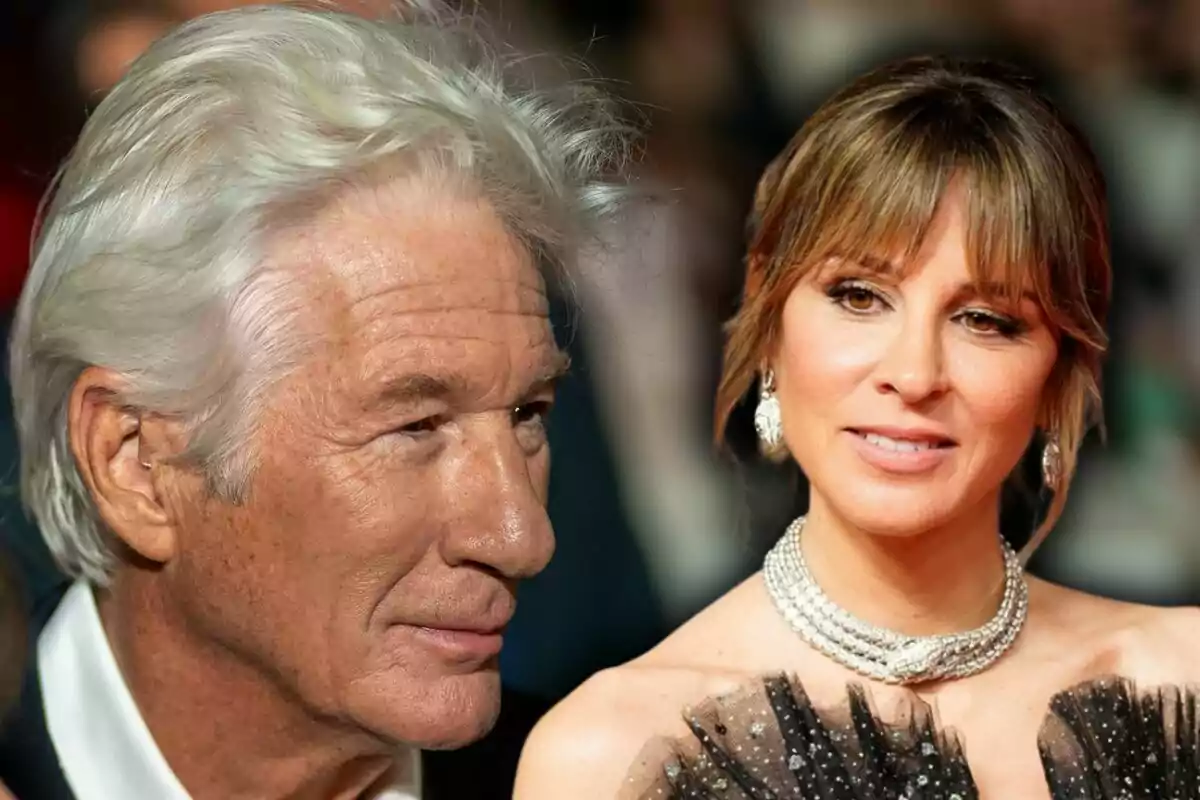 Two people pose elegantly at a formal event.
