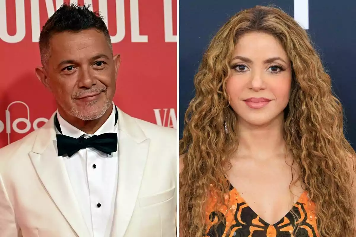 A man in a white tuxedo and black bow tie alongside a woman with long curly hair and an orange and black dress pose at different events. A man in a white tuxedo and black bow tie alongside a woman with long curly hair and an orange and black dress pose at different events.