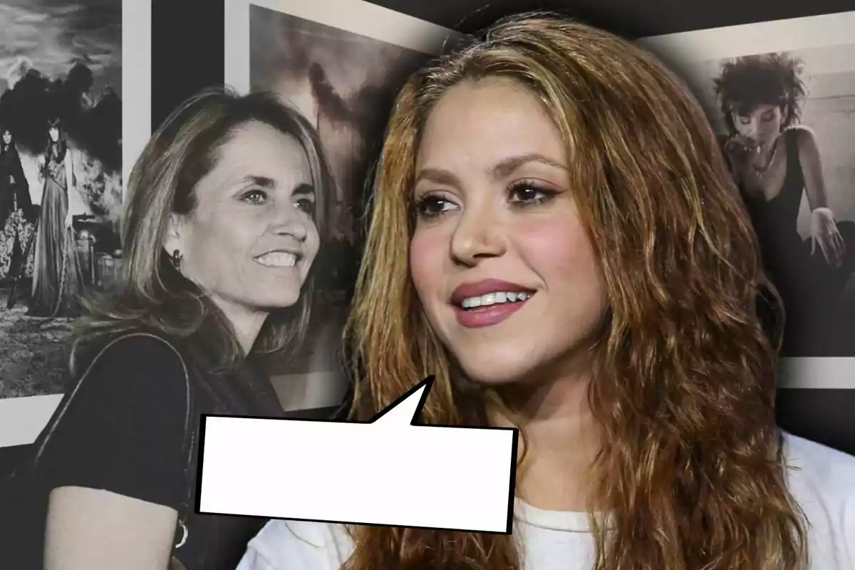 Two women smile in front of a background of black-and-white artistic photographs; one of them has an empty speech bubble.