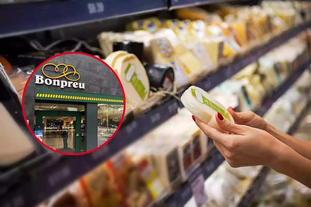 Fotomuntatge d'una prestatgeria de formatges i una imatge de la façana d'un supermercat Bonpreu