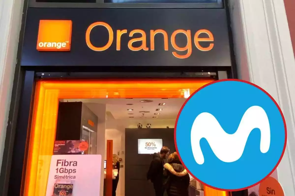 Fotomuntatge de l´exterior d´una botiga d´Orange i una rodona vermella amb el logo de Movistar