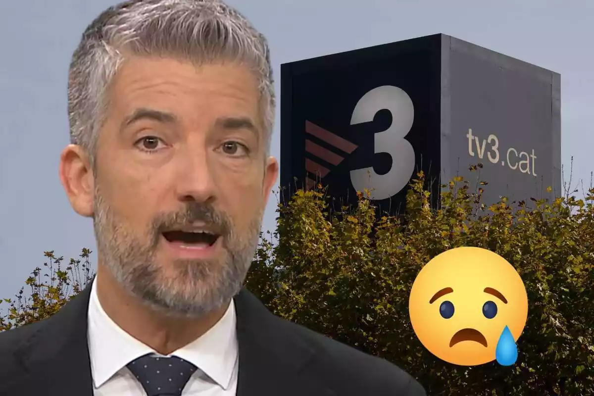 Fotomuntatge de Toni Crunayes amb les instal·lacions de TV3 de fons i una emoticona trista
