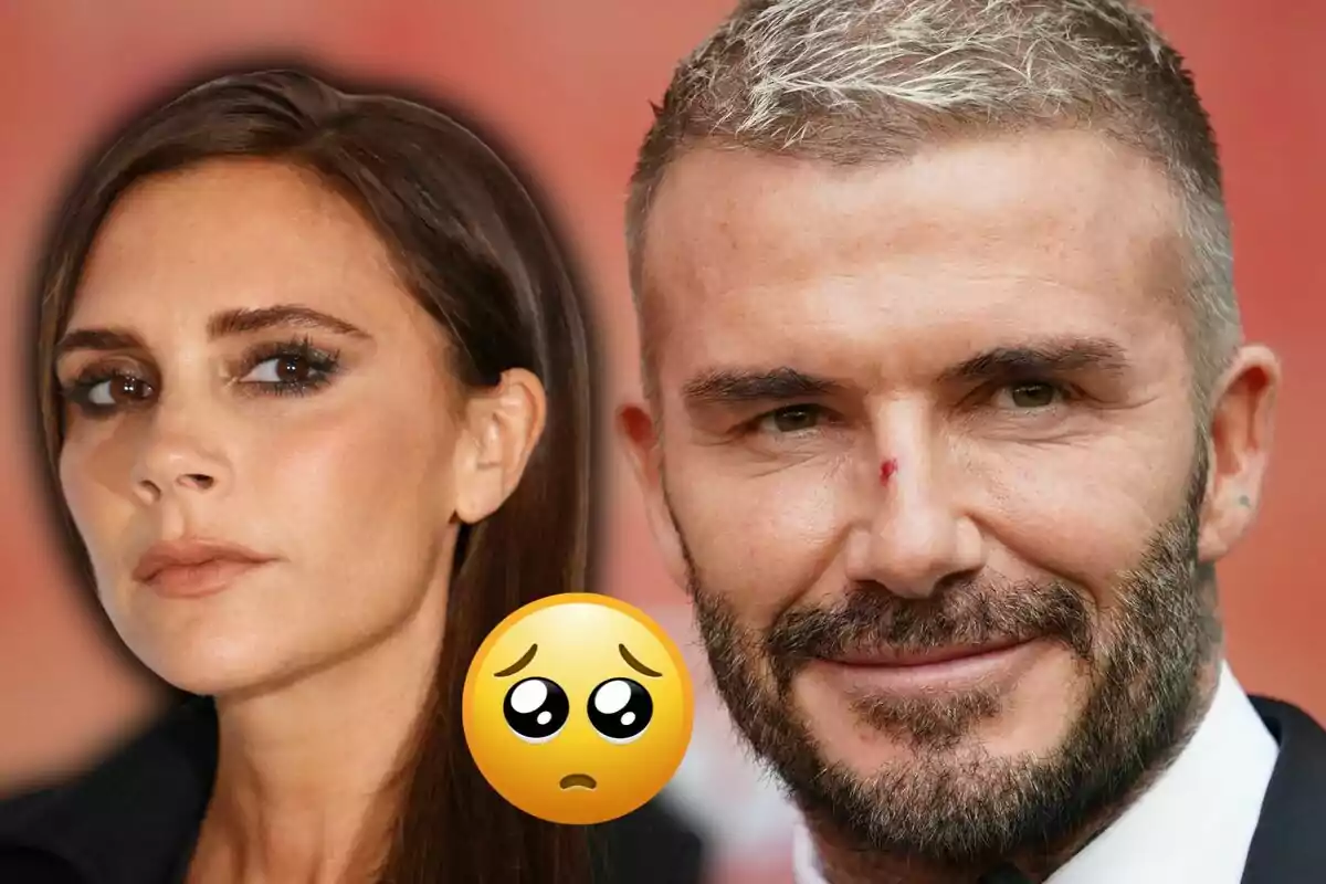 A woman and a man with serious expressions, accompanied by a sad emoji on a blurred background.
