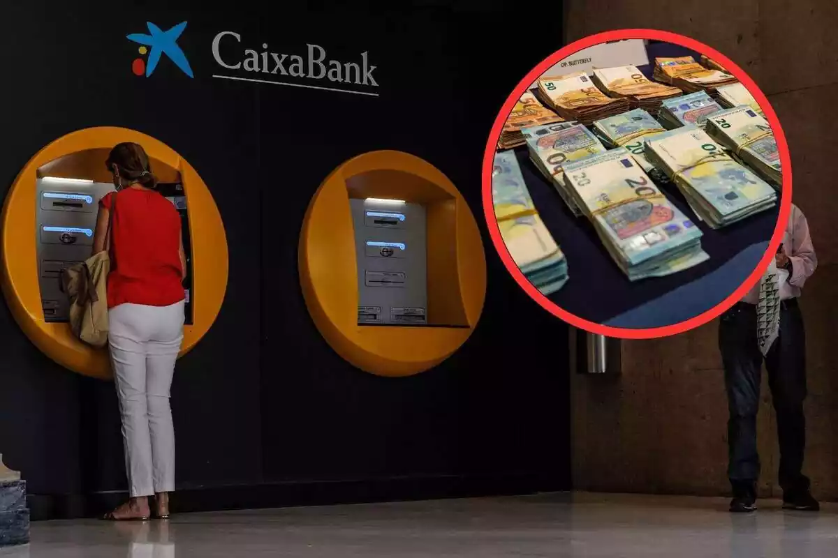 Fotomuntatge caixers de La Caixa i diners