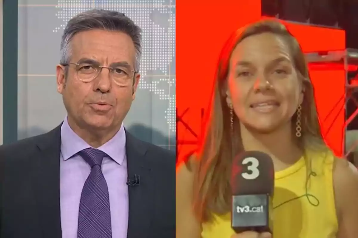 Dues persones en un entorn de notícies, una en un estudi i una altra en una transmissió en viu amb un micròfon de TV3.