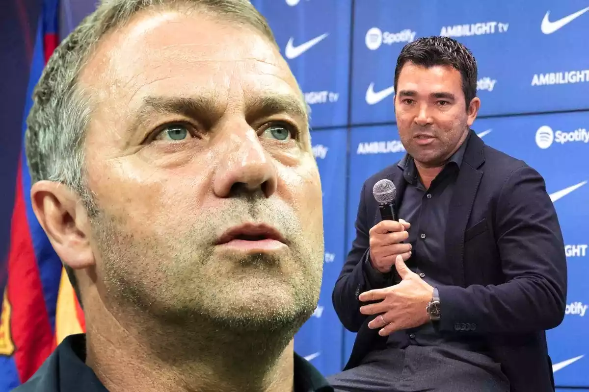 L'entrenador alemany Hasni Flick, en primer pla amb una foto en què apareix Deco, actual director esportiu del Barça. L'entrenador alemany Hasni Flick, en primer pla amb una foto en què apareix Deco, actual director esportiu del Barça.