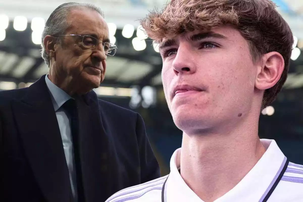 Nico Paz mirando al tendido con Florentino Pérez vigilándolo al fondo