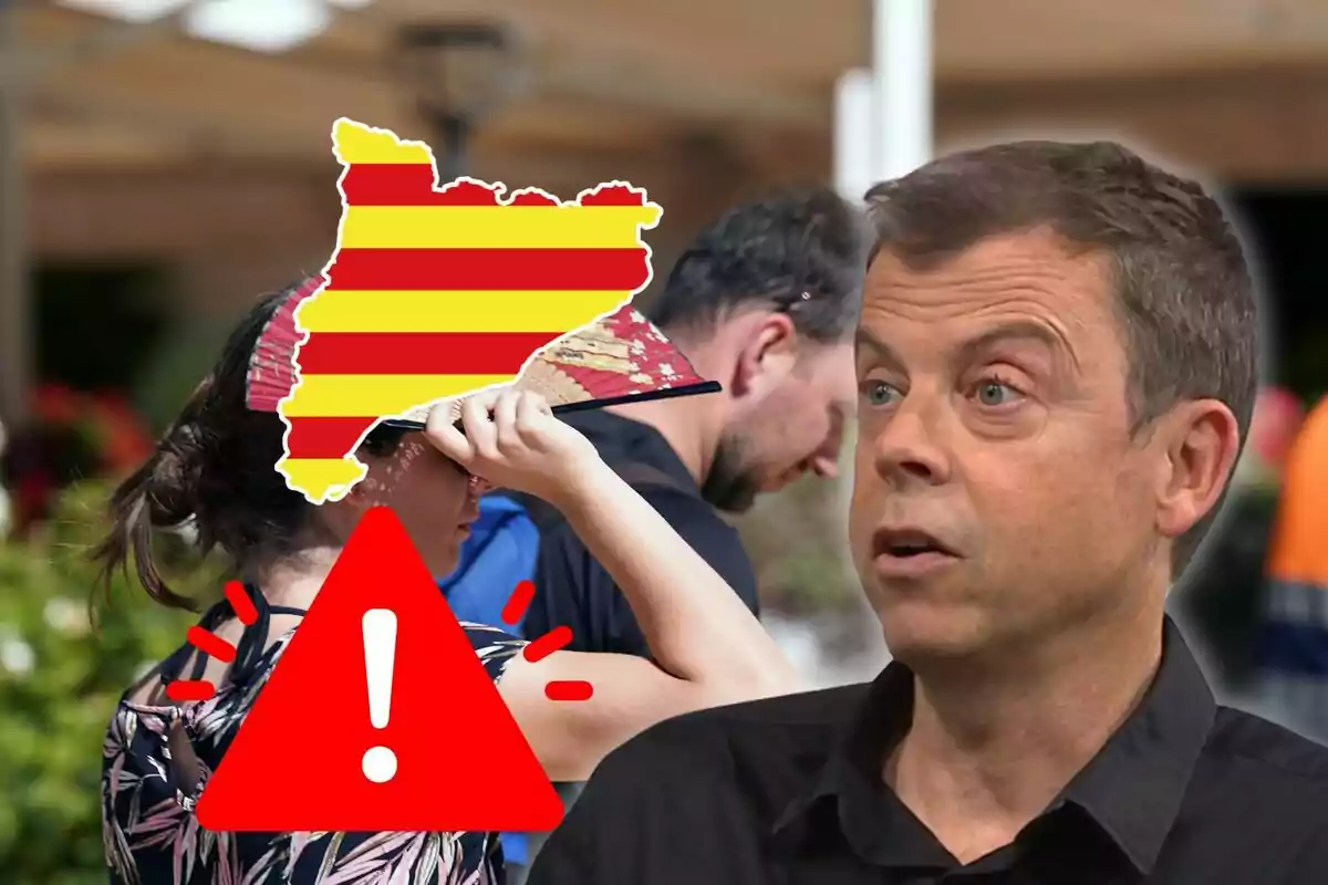 Un home parlant amb una imatge superposada d?una dona ventant-se, un mapa de Catalunya i un símbol d?advertiment. Un home parlant amb una imatge superposada d?una dona ventant-se, un mapa de Catalunya i un símbol d?advertiment.