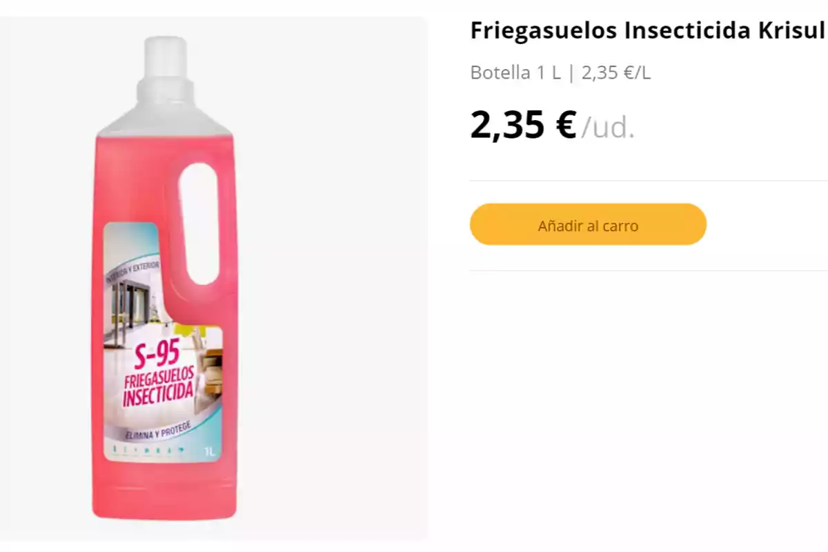 Imatge d'un fregaterres insecticida Krisul S-95 en una ampolla d'1 litre, amb un preu de 2,35 € per unitat i un botó groc que diu Imatge d'un fregaterres insecticida Krisul S-95 en una ampolla d'1 litre, amb un preu de 2,35 € per unitat i un botó groc que diu
