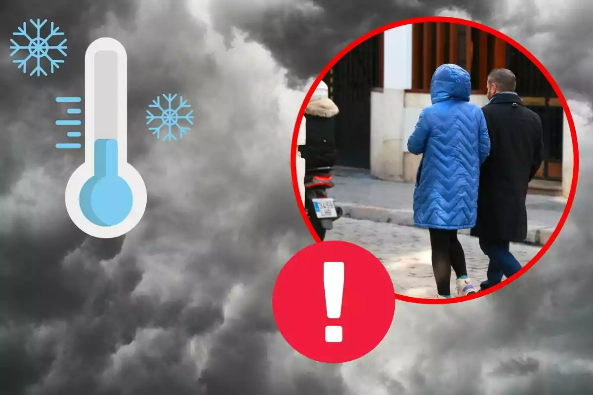 Persones caminant en un dia fred amb cel ennuvolat i un termòmetre que indica temperatures baixes.