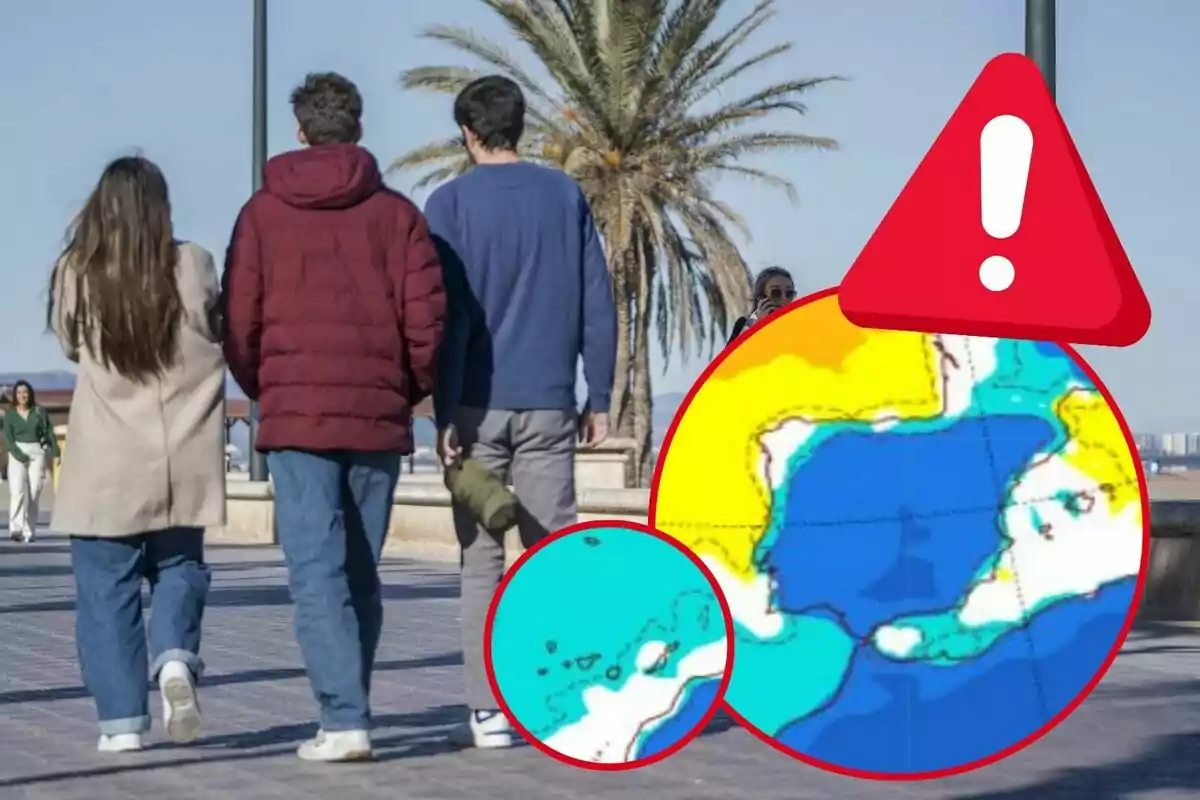 Un grup de persones camina per un passeig marítim amb una palmera al fons i un gràfic de colors amb un senyal d'advertència superposat a la cantonada. Un grup de persones camina per un passeig marítim amb una palmera al fons i un gràfic de colors amb un senyal d'advertència superposat a la cantonada.