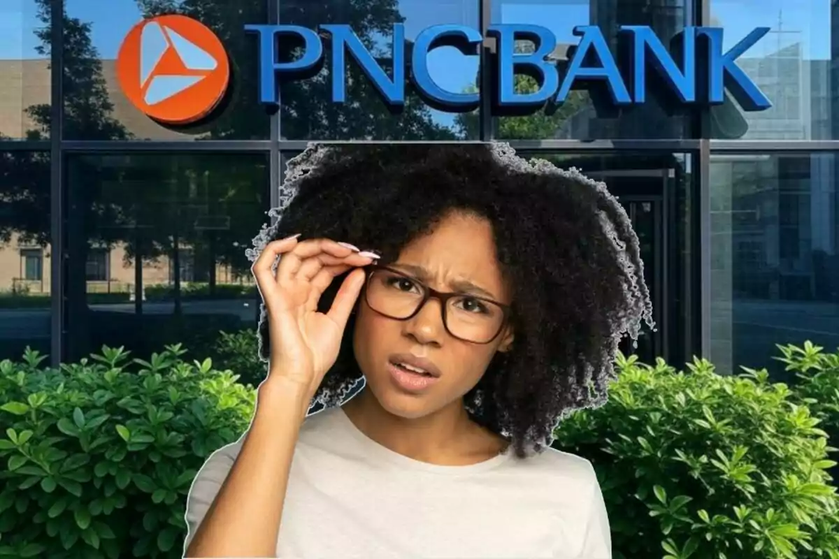 Una persona amb expressió de confusió o sorpresa està davant d'un edifici amb el logotip de PNC Bank. Una persona amb expressió de confusió o sorpresa està davant d'un edifici amb el logotip de PNC Bank.