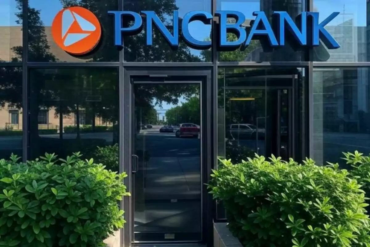 Entrance of a PNC Bank branch with a blue sign and green bushes on the sides.