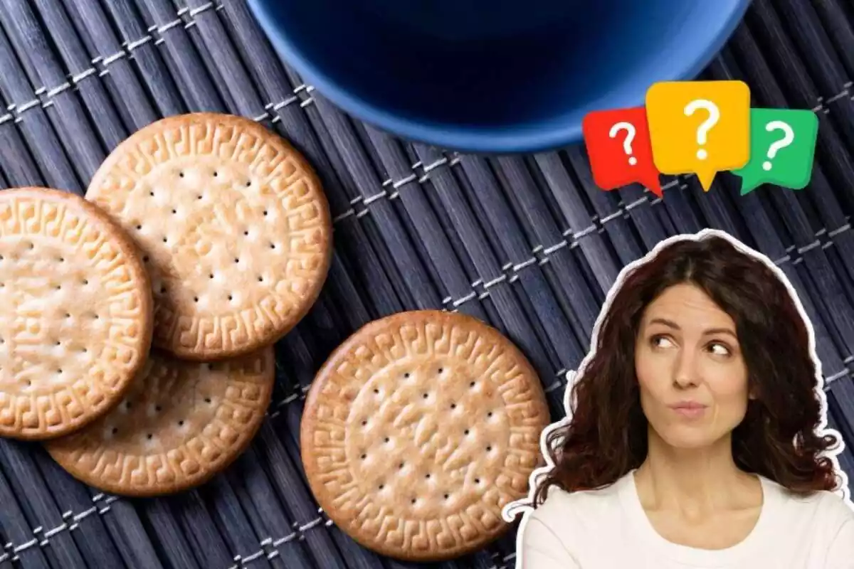 Imagen de fondo de varias galletas María cobre una mesa, con una taza al lado, además de una imagen de una mujer con cara dudosa y unos interrogantes en su cabeza