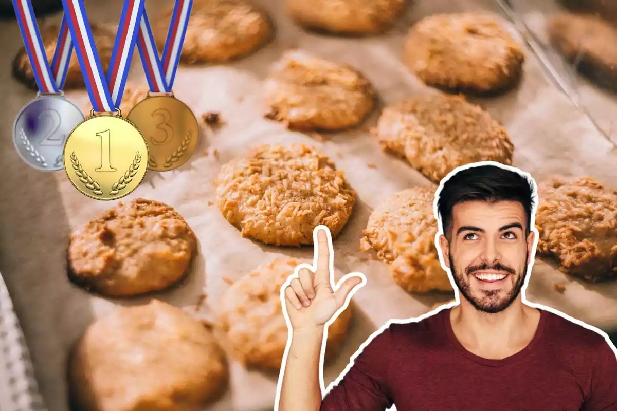 Imatge d'unes galetes en una safata, amb una altra imatge d'una persona assenyalant i somrient i una altra d'unes medalles amb els números u, dos i tres