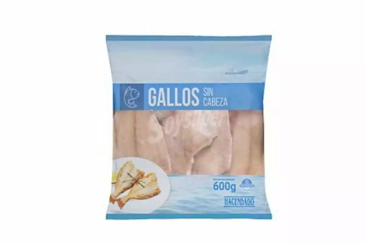 Paquete de filetes de gallo sin cabeza de la marca Hacendado de 600 gramos.