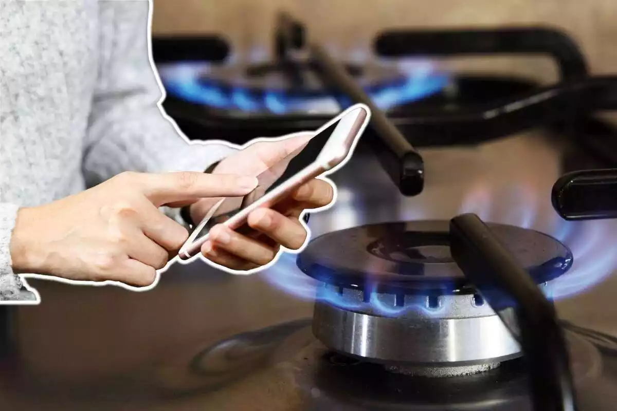 Muntatge amb una imatge de fons d'una cuina de gas encesa i en primer pla la imatge d'una dona amb un telèfon a la mà