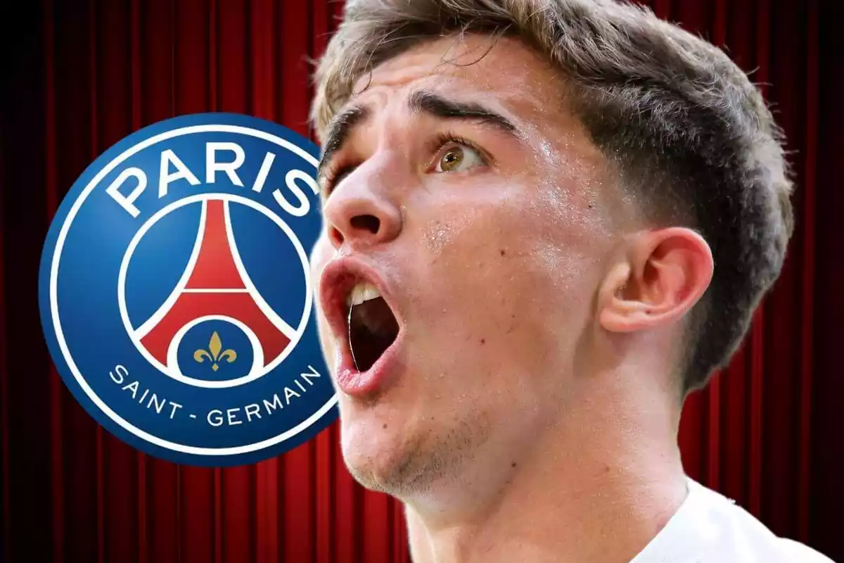 Gavi con la boca abierta al lado del escudo del PSG Gavi con la boca abierta al lado del escudo del PSG