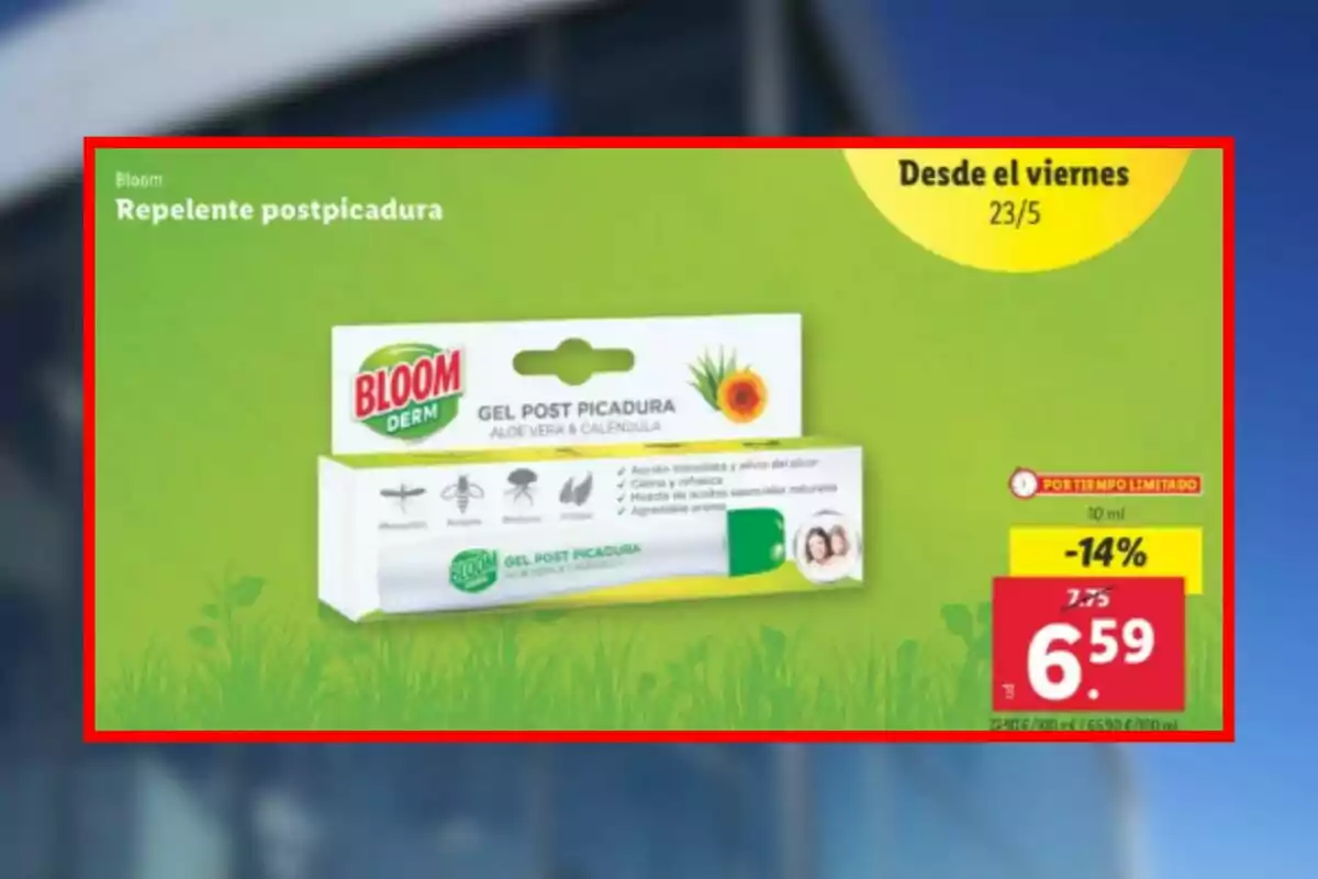 Imatge d'un anunci de gel post picada Bloom Derm amb àloe vera i calèndula, que es ven a Lidl mostrant un descompte del 14% i un preu de 6,59 euros, disponible des del 23 de maig. Imatge d'un anunci de gel post picada Bloom Derm amb àloe vera i calèndula, que es ven a Lidl mostrant un descompte del 14% i un preu de 6,59 euros, disponible des del 23 de maig.