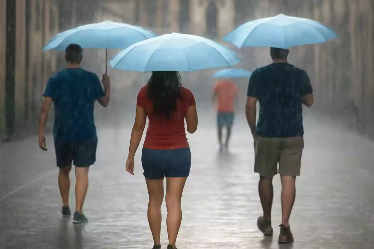 Persones caminant sota la pluja amb paraigües blaus en un carrer urbà. Persones caminant sota la pluja amb paraigües blaus en un carrer urbà.