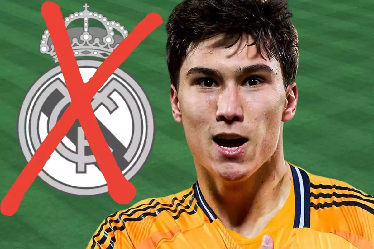 Un jugador de futbol amb una samarreta taronja apareix davant d'un logotip del Reial Madrid que té una gran X vermella sobre ell.