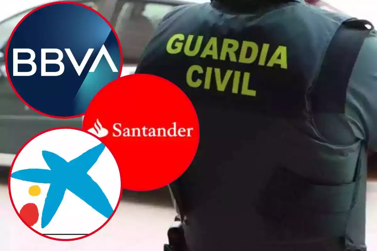 Un agent de la Guàrdia Civil amb logos de BBVA, Santander i CaixaBank superposats.